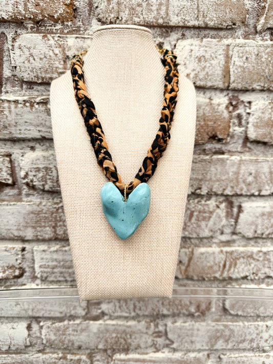Chunky Leopard Bandana with Turquoise Heart Necklace