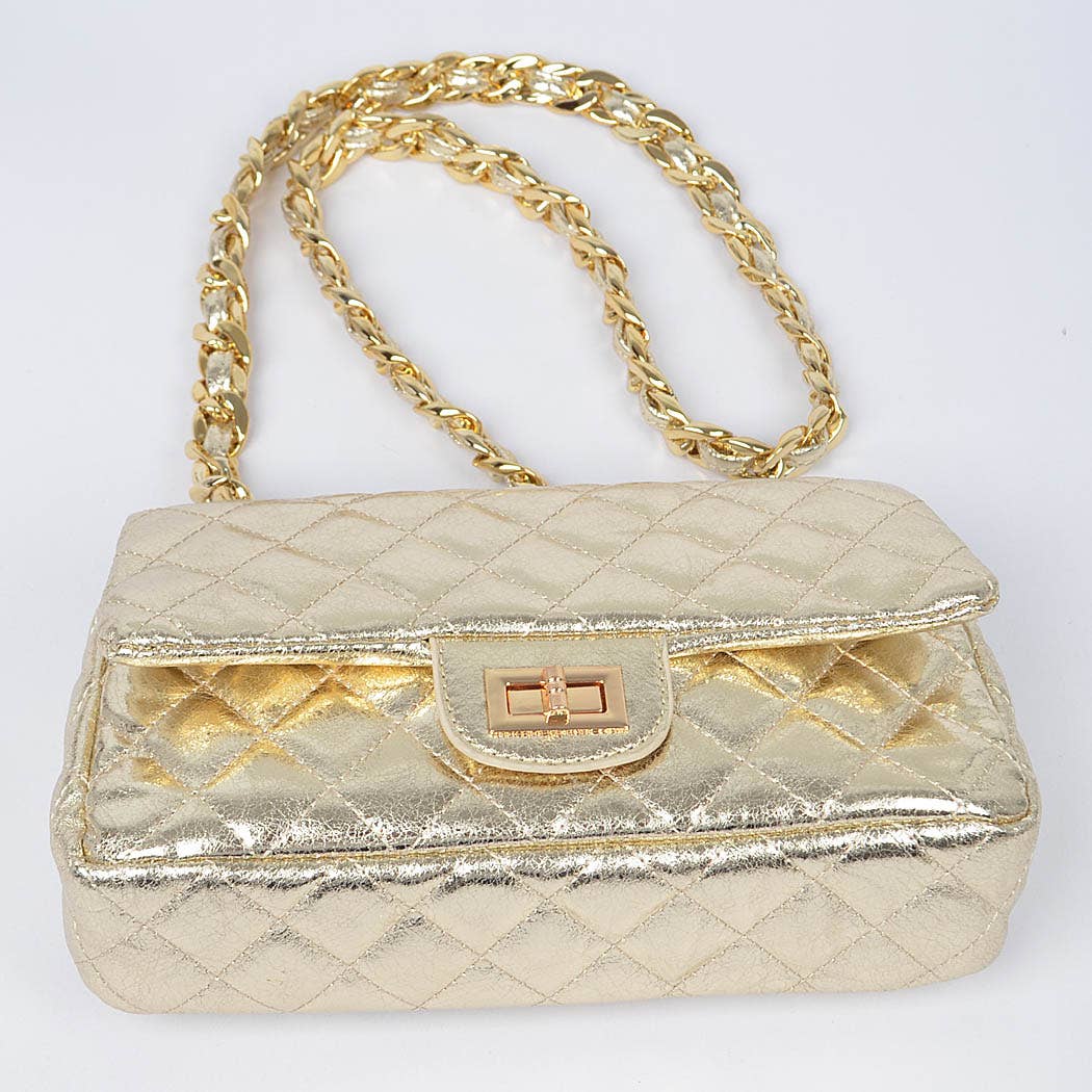 Quilted Metallic Shoulder Bag W/Oversized Chain