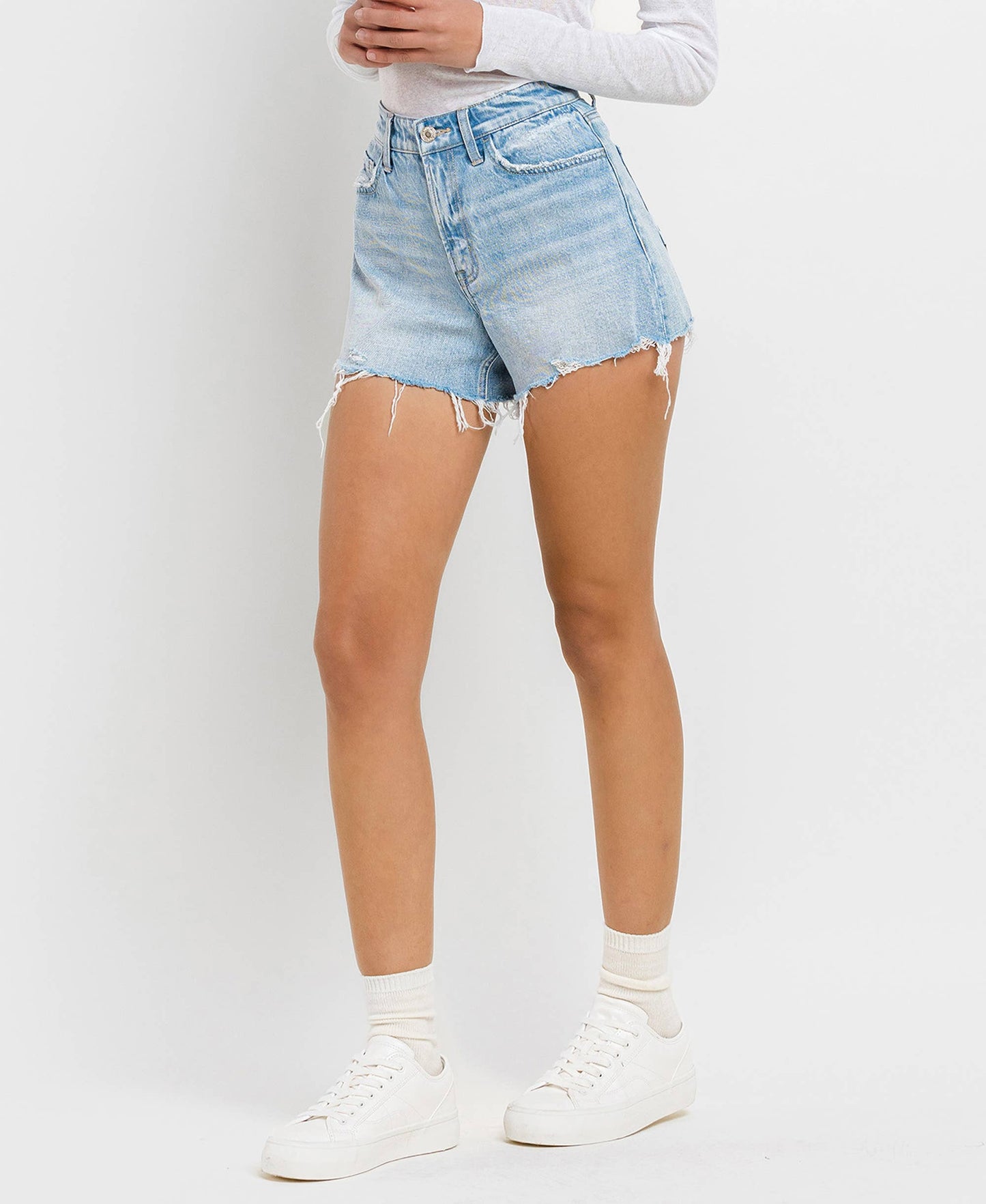 HIGH RISE DISTRESSED HEM A LINE SHORTS T6316