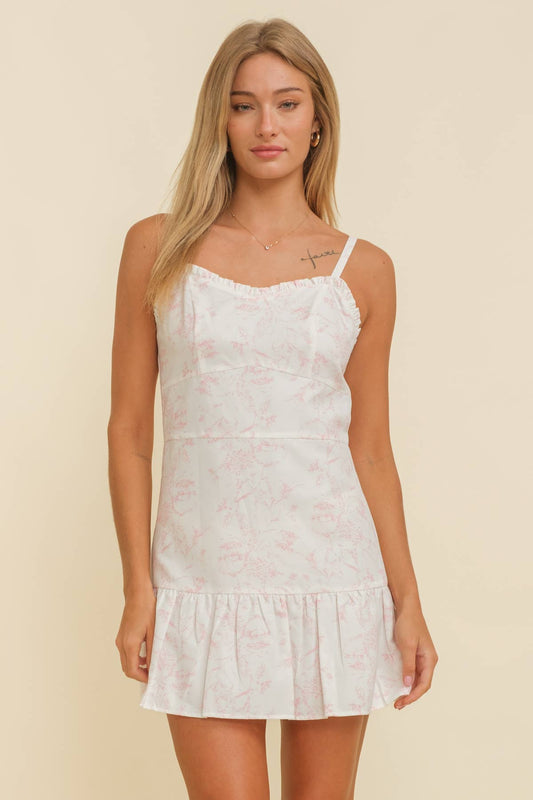 FLORAL SWEETHEART RUFFLE CAMI STRAP MINI DRESS