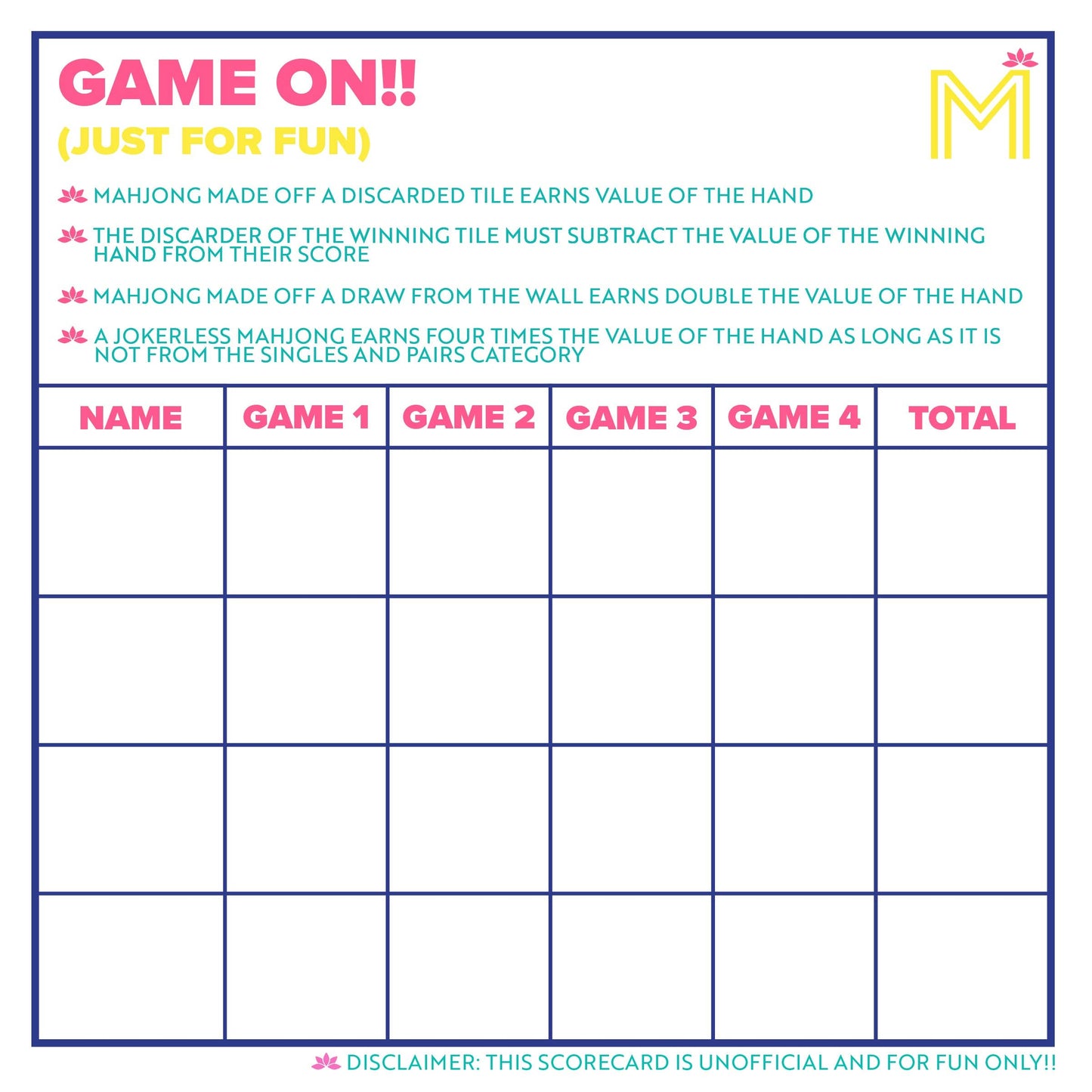MAHJONG SCORECARD NOTEPAD WITH RULES