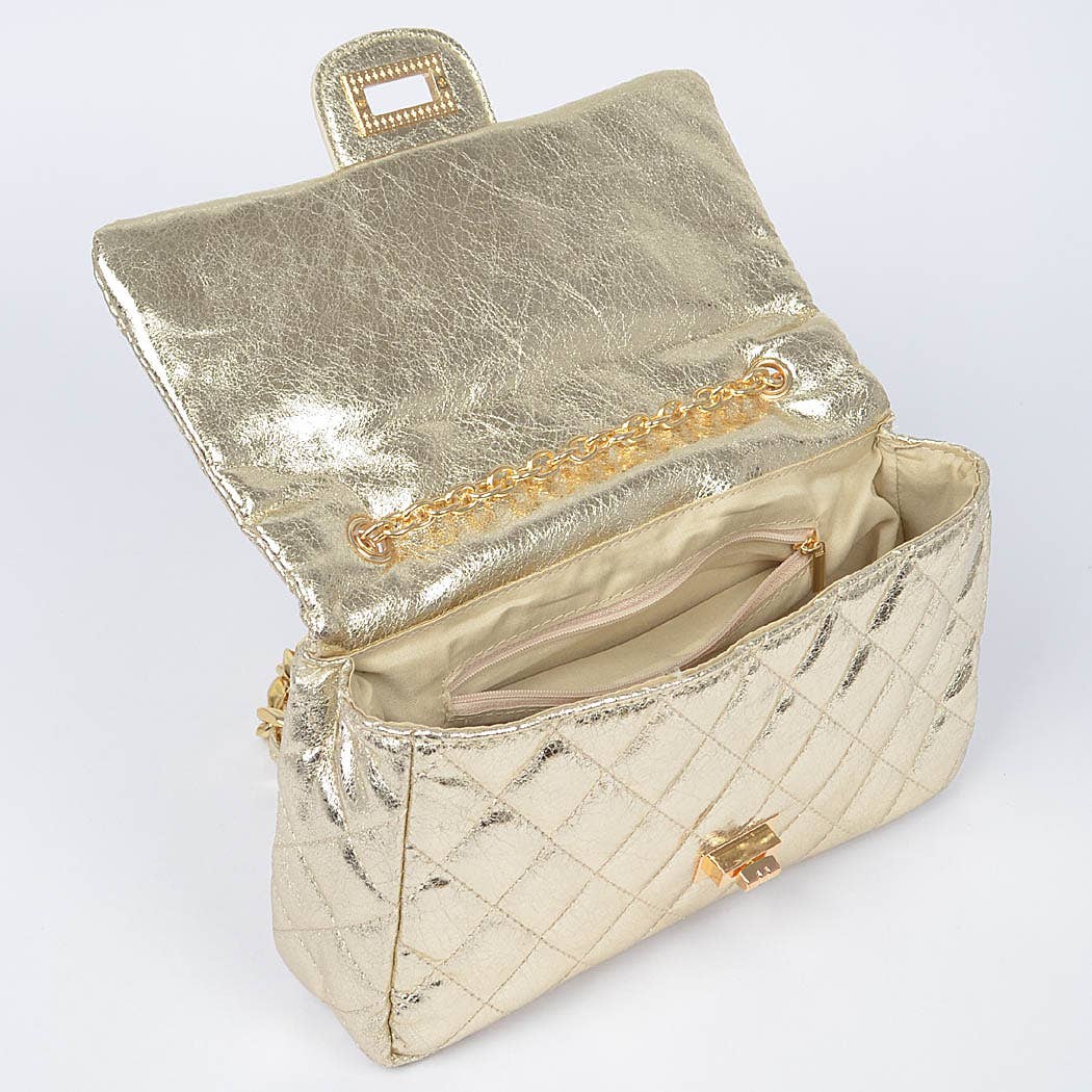 Quilted Metallic Shoulder Bag W/Oversized Chain