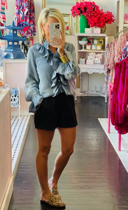 Denim Ruffled  Button Down Long Sleeve Top