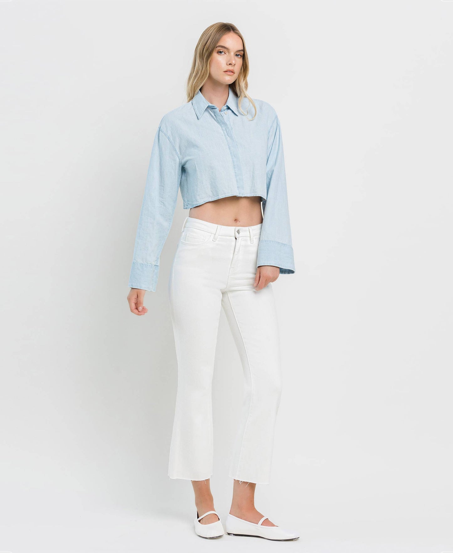 HIGH RISE SEAMLESS WAISTBAND CROP FLARE JEANS