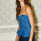 IT2550  Denim Strapless Bustier Peplum Top