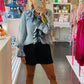 Denim Ruffled  Button Down Long Sleeve Top