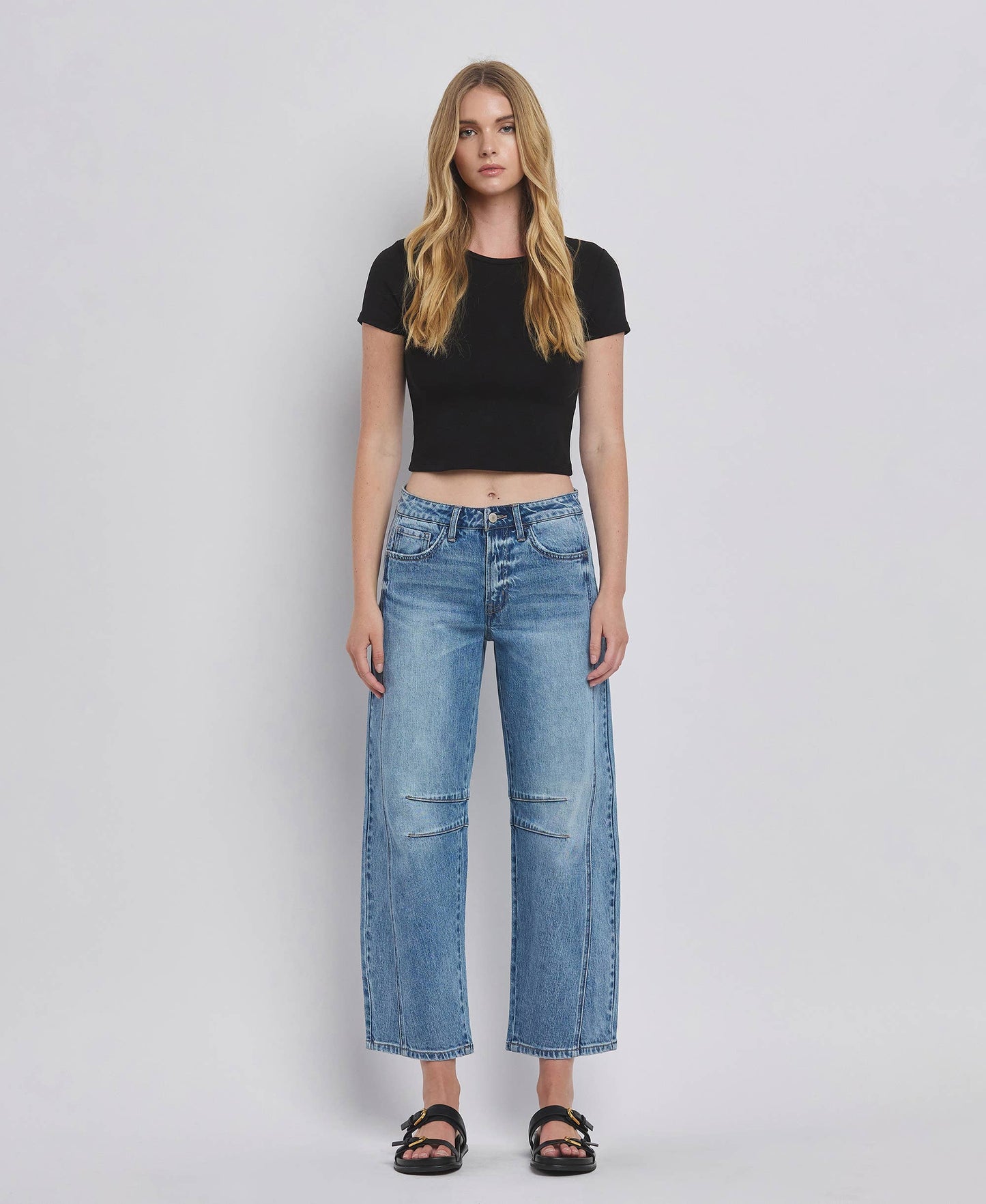 HIGH RISE DART STRUCTURED FIT BARREL LEG JEANS T6514