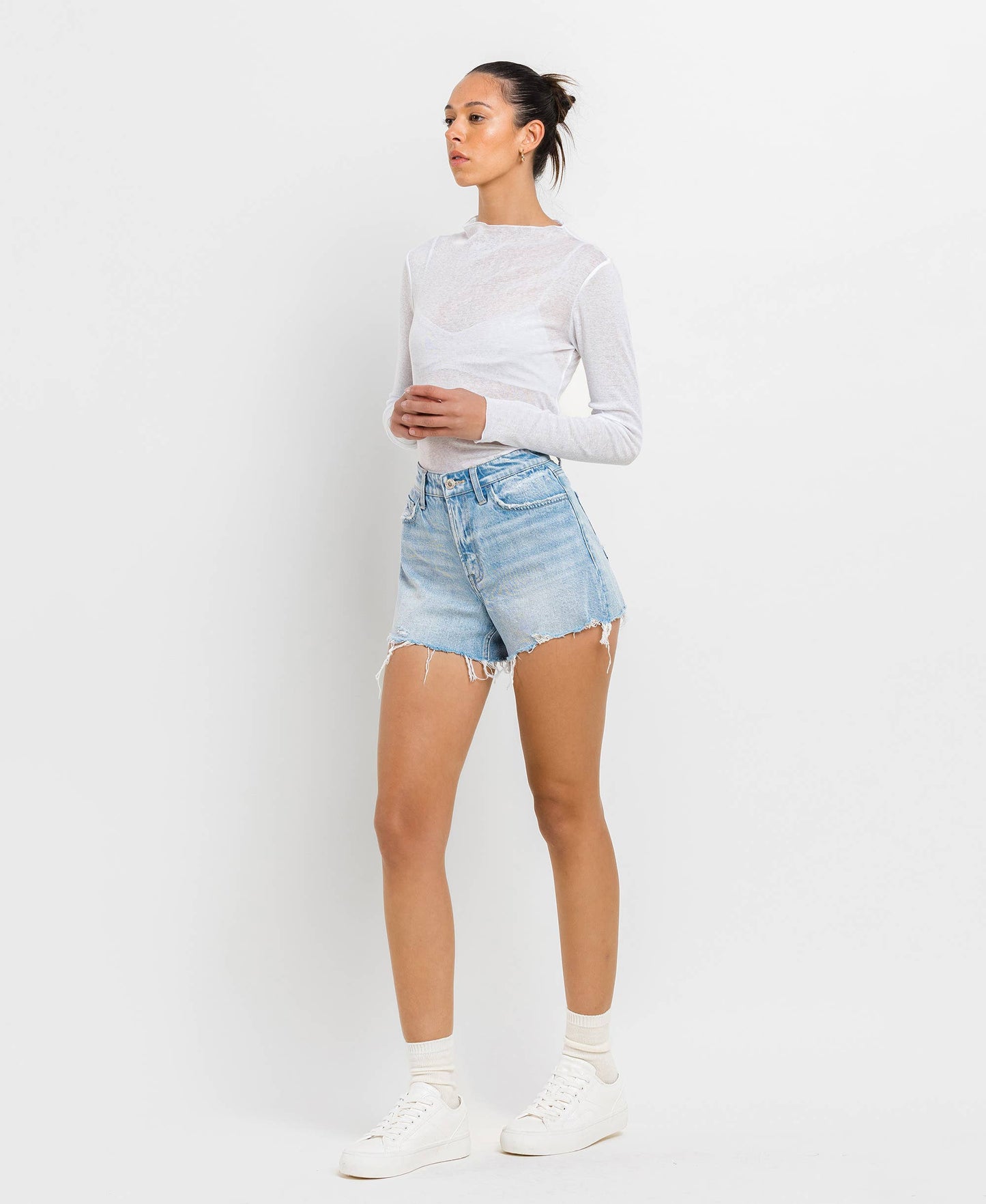 HIGH RISE DISTRESSED HEM A LINE SHORTS T6316