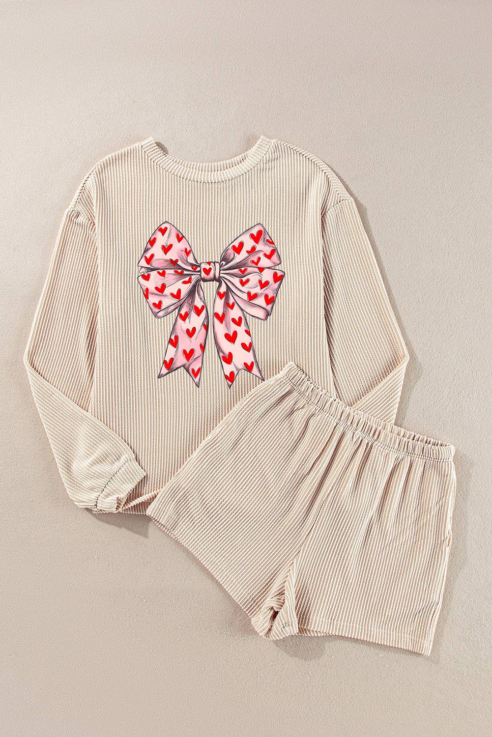 Heart Bow Valentines Corded Pajamas Set