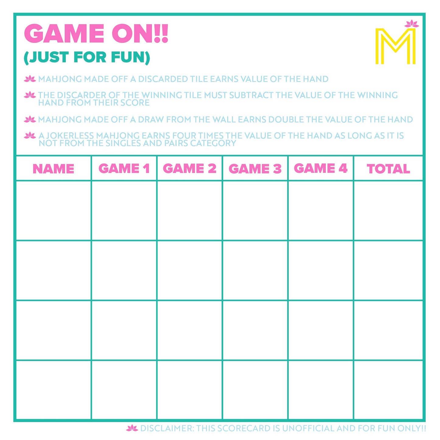 MAHJONG SCORECARD NOTEPAD WITH RULES