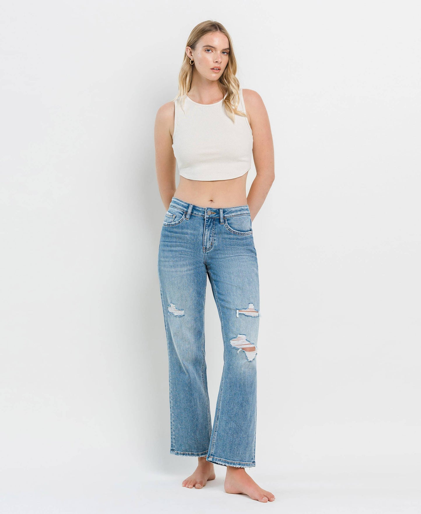 HIGH RISE DISTRESSED SLIM WIDE JEANS