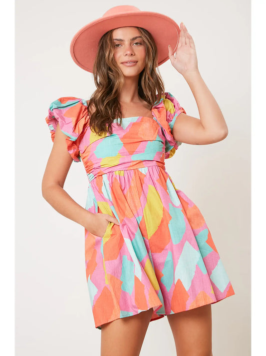 POPLIN GEO PRINT ROMPER