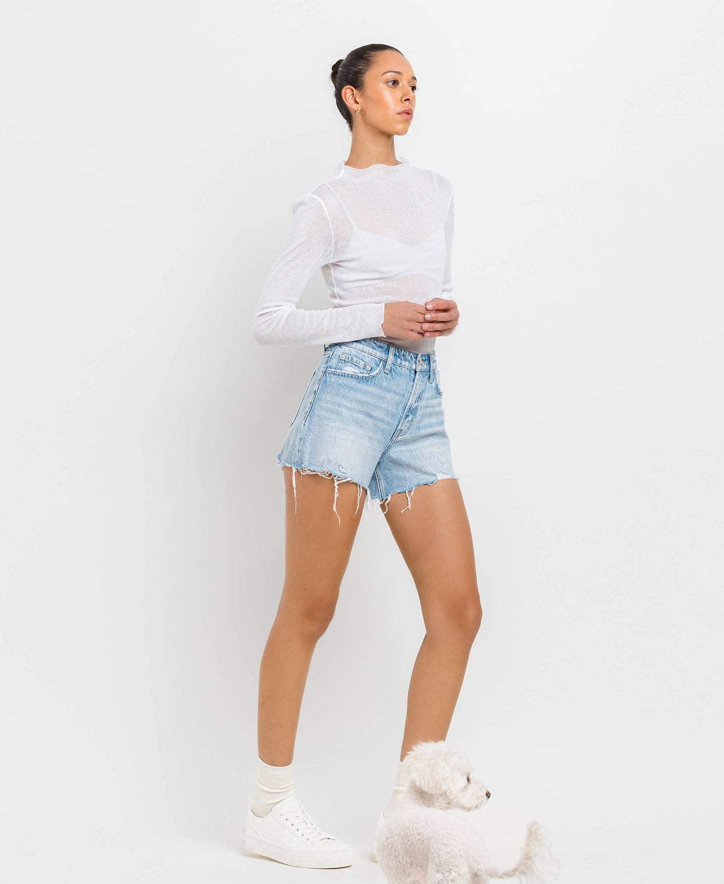 HIGH RISE DISTRESSED HEM A LINE SHORTS T6316