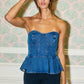 IT2550  Denim Strapless Bustier Peplum Top