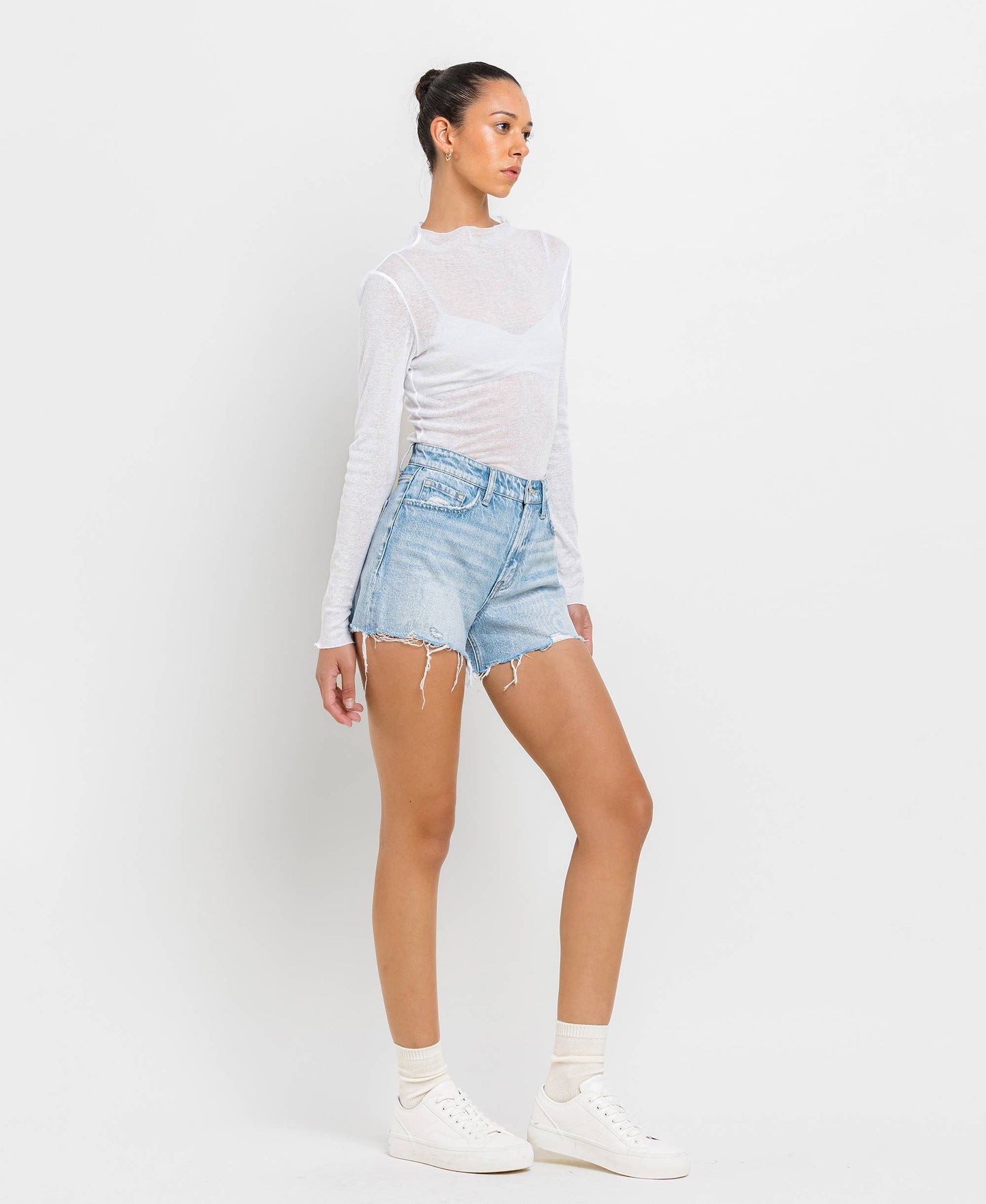 HIGH RISE DISTRESSED HEM A LINE SHORTS T6316