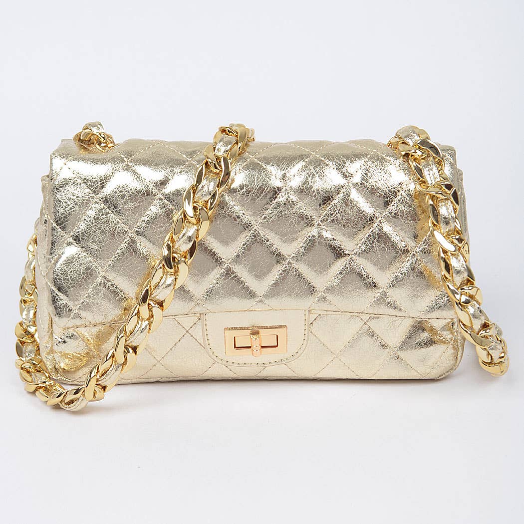 Quilted Metallic Shoulder Bag W/Oversized Chain