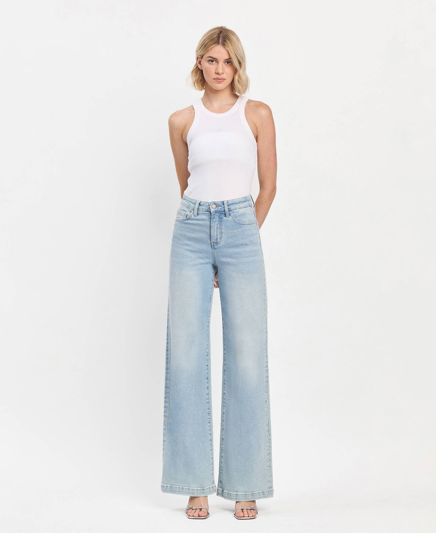 HIGH RISE FULL LENGTH LIGHT WASH WIDE LEG JEANS V3468