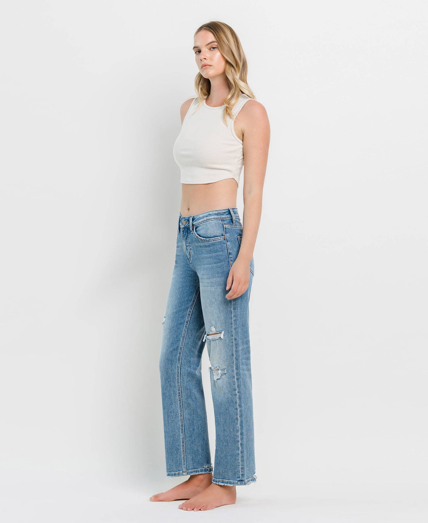 HIGH RISE DISTRESSED SLIM WIDE JEANS