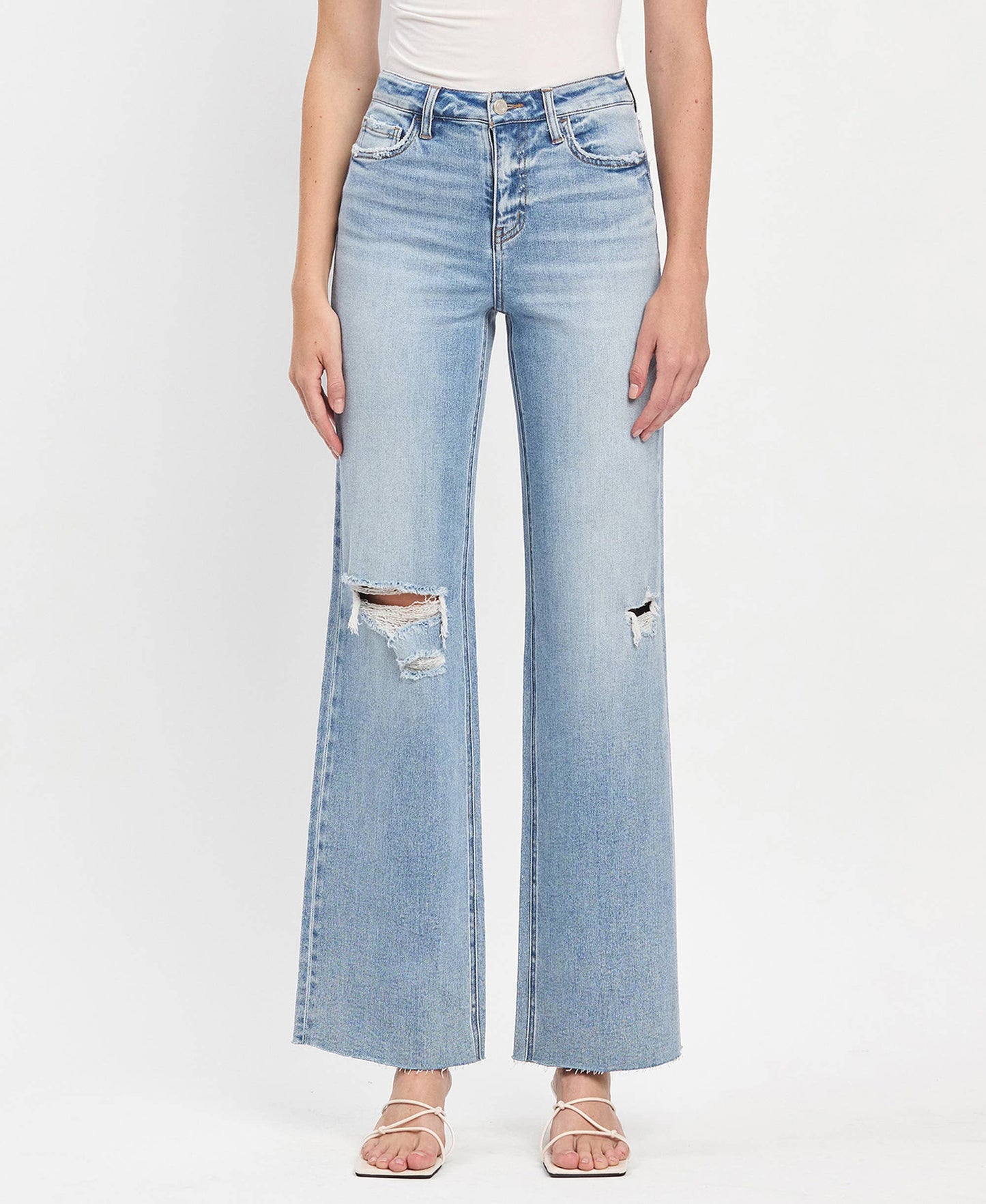 HIGH RISE CLEAN CUT RAW HEM WIDE LEG JEANS T6597