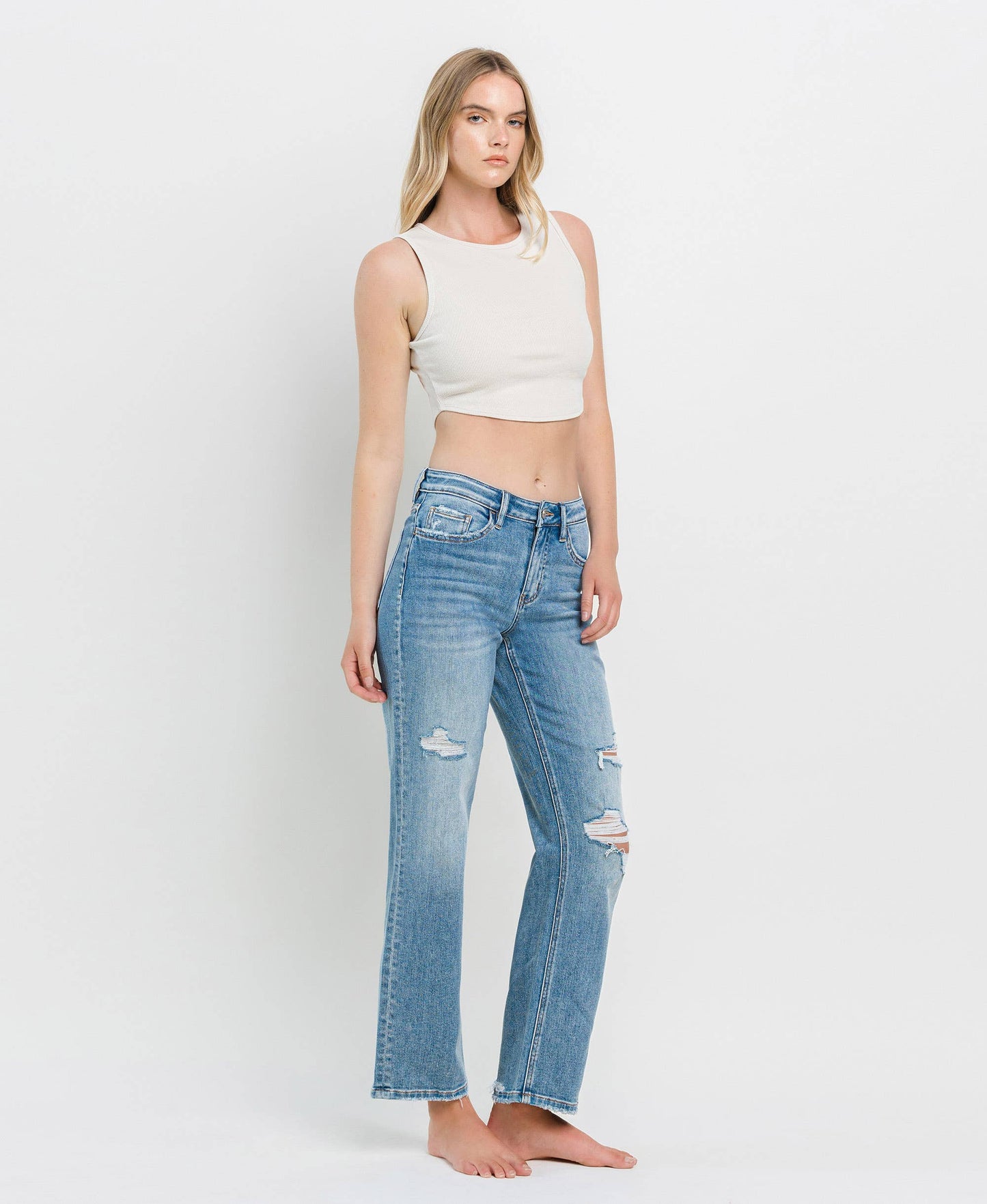 HIGH RISE DISTRESSED SLIM WIDE JEANS