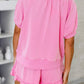 Pink Zip Front Puff Sleeve Top & Ruffled Shorts Set