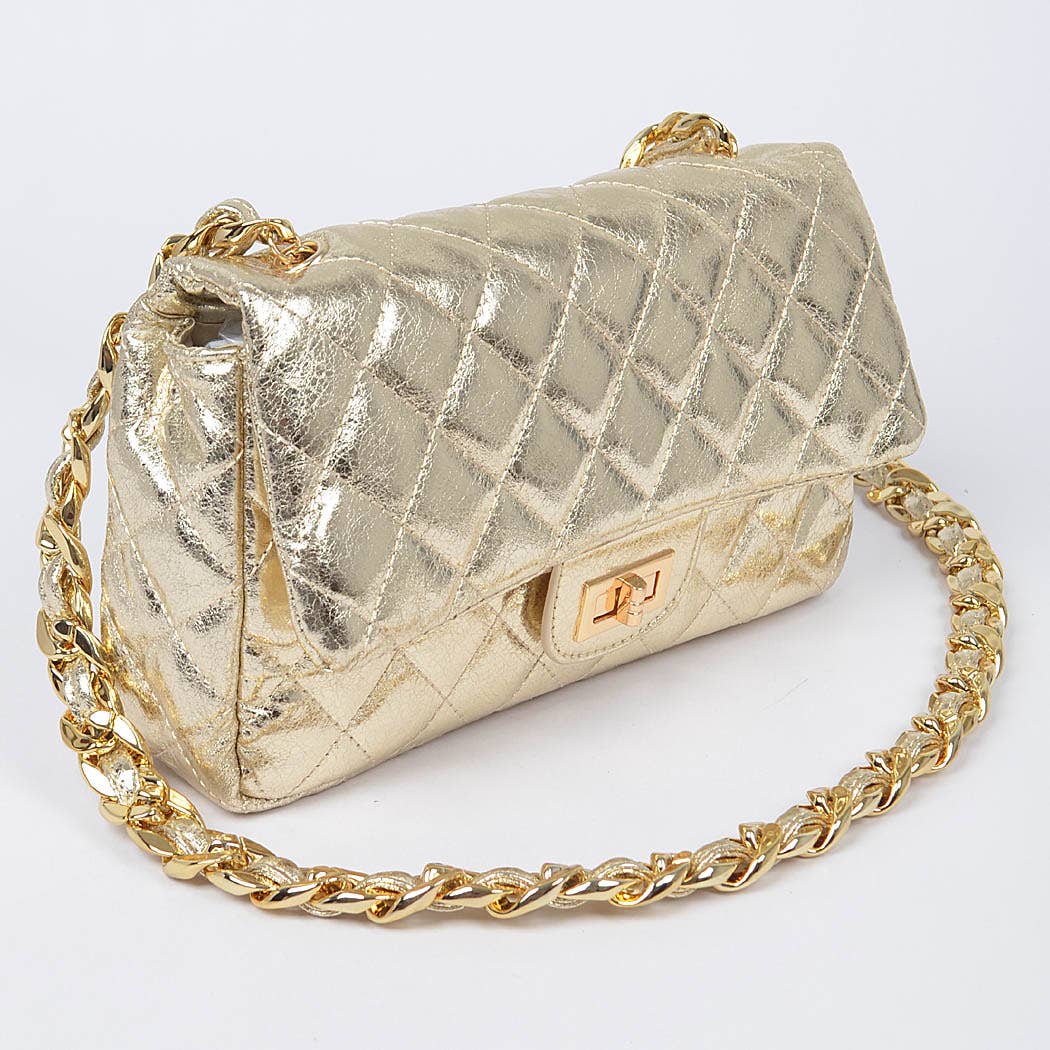 Quilted Metallic Shoulder Bag W/Oversized Chain