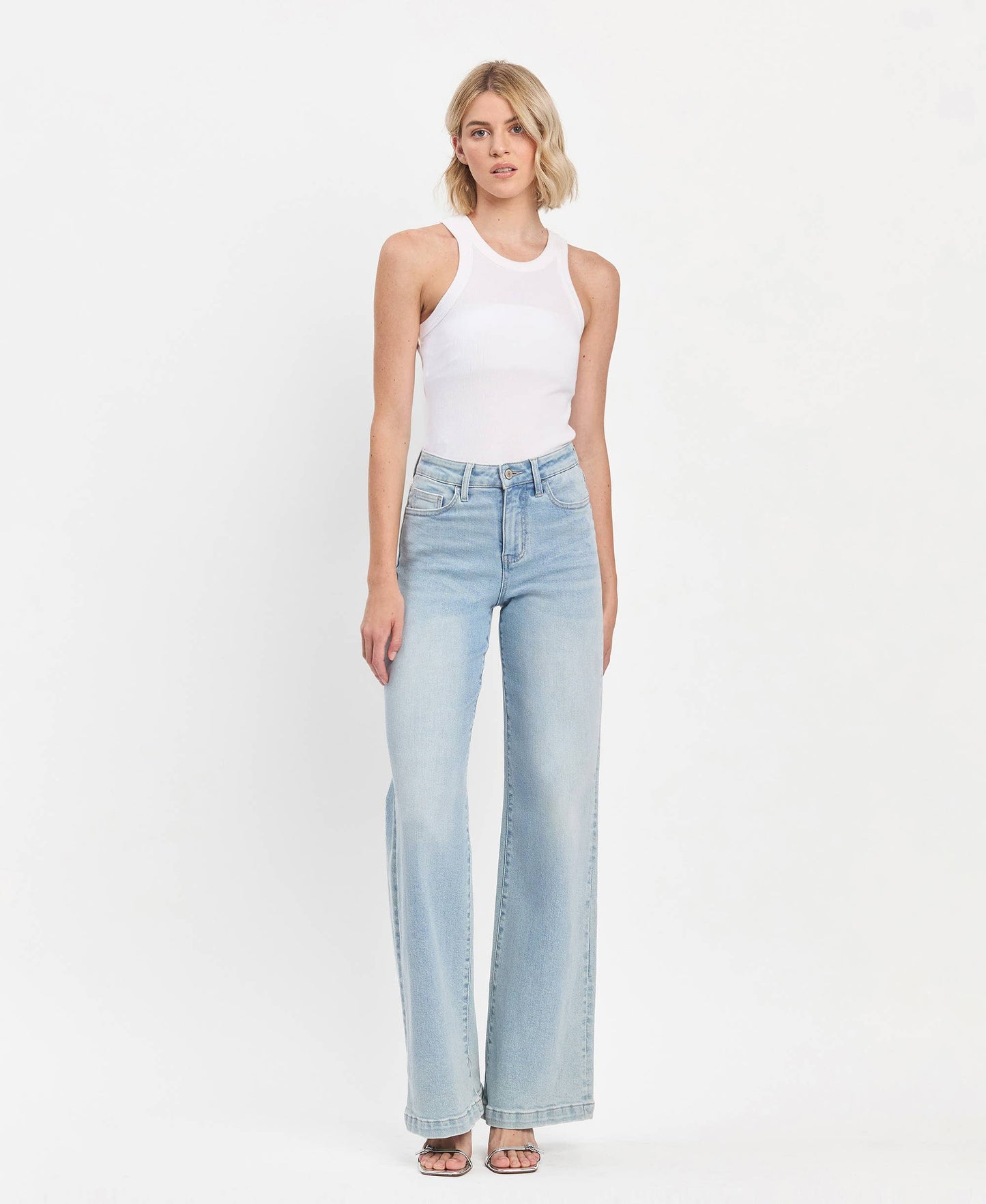 HIGH RISE FULL LENGTH LIGHT WASH WIDE LEG JEANS V3468