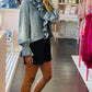 Denim Ruffled  Button Down Long Sleeve Top