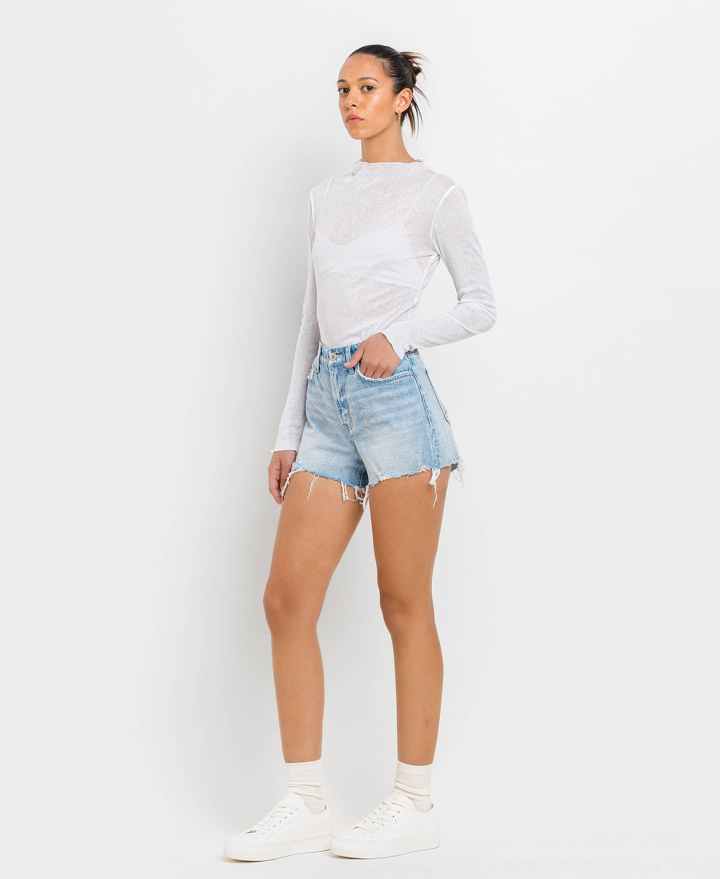 HIGH RISE DISTRESSED HEM A LINE SHORTS T6316