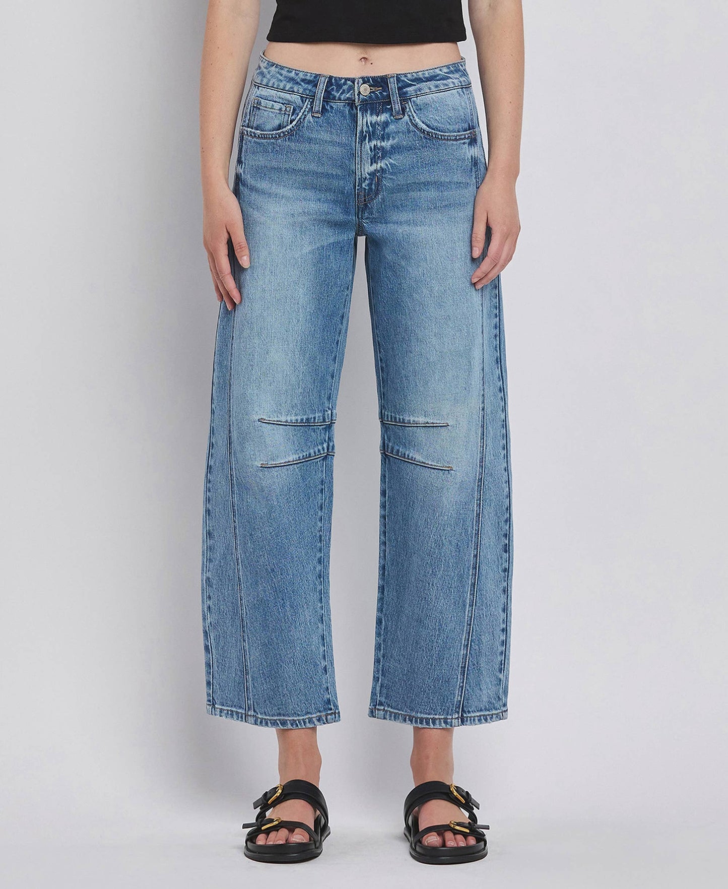 HIGH RISE DART STRUCTURED FIT BARREL LEG JEANS T6514