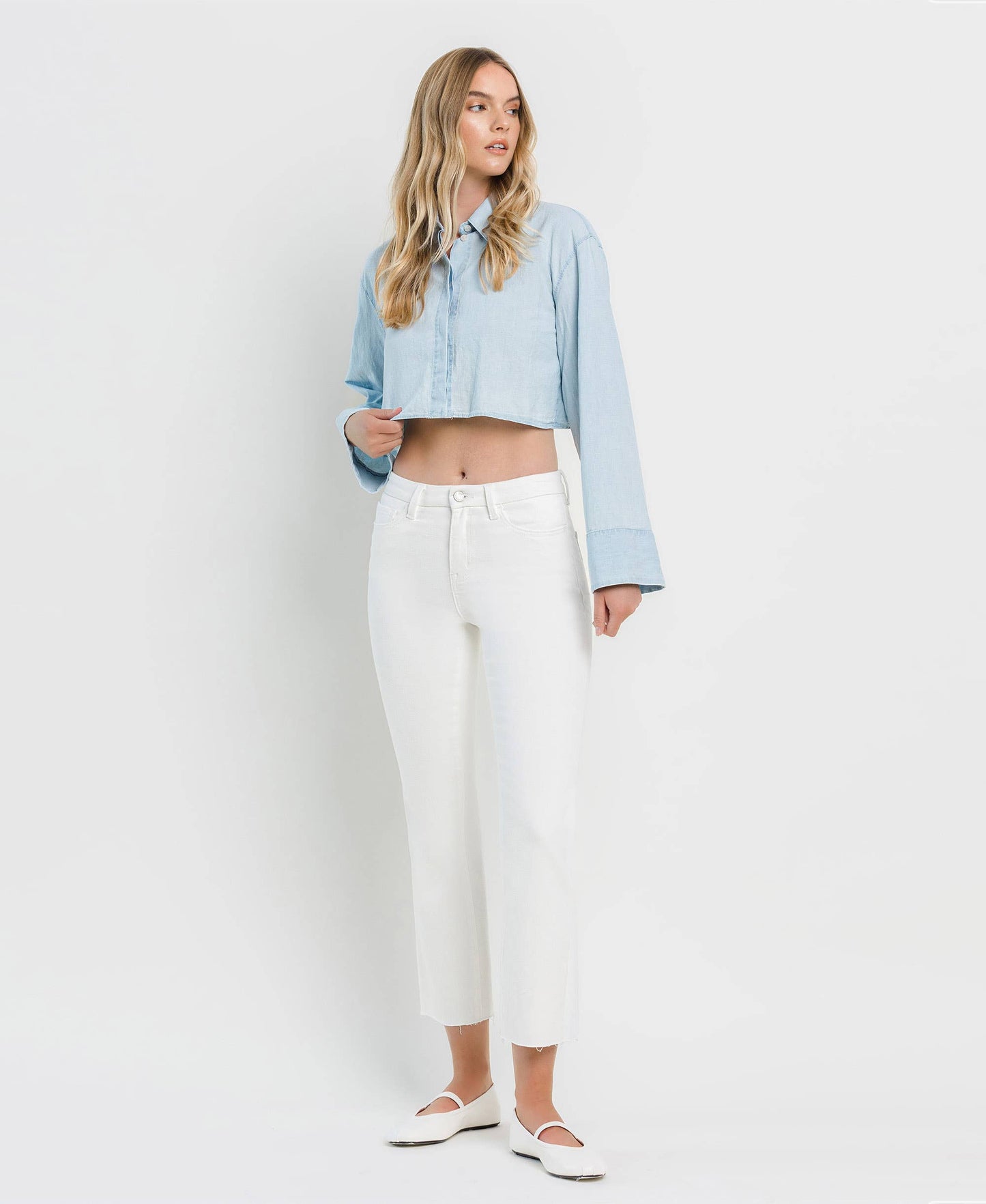 HIGH RISE SEAMLESS WAISTBAND CROP FLARE JEANS