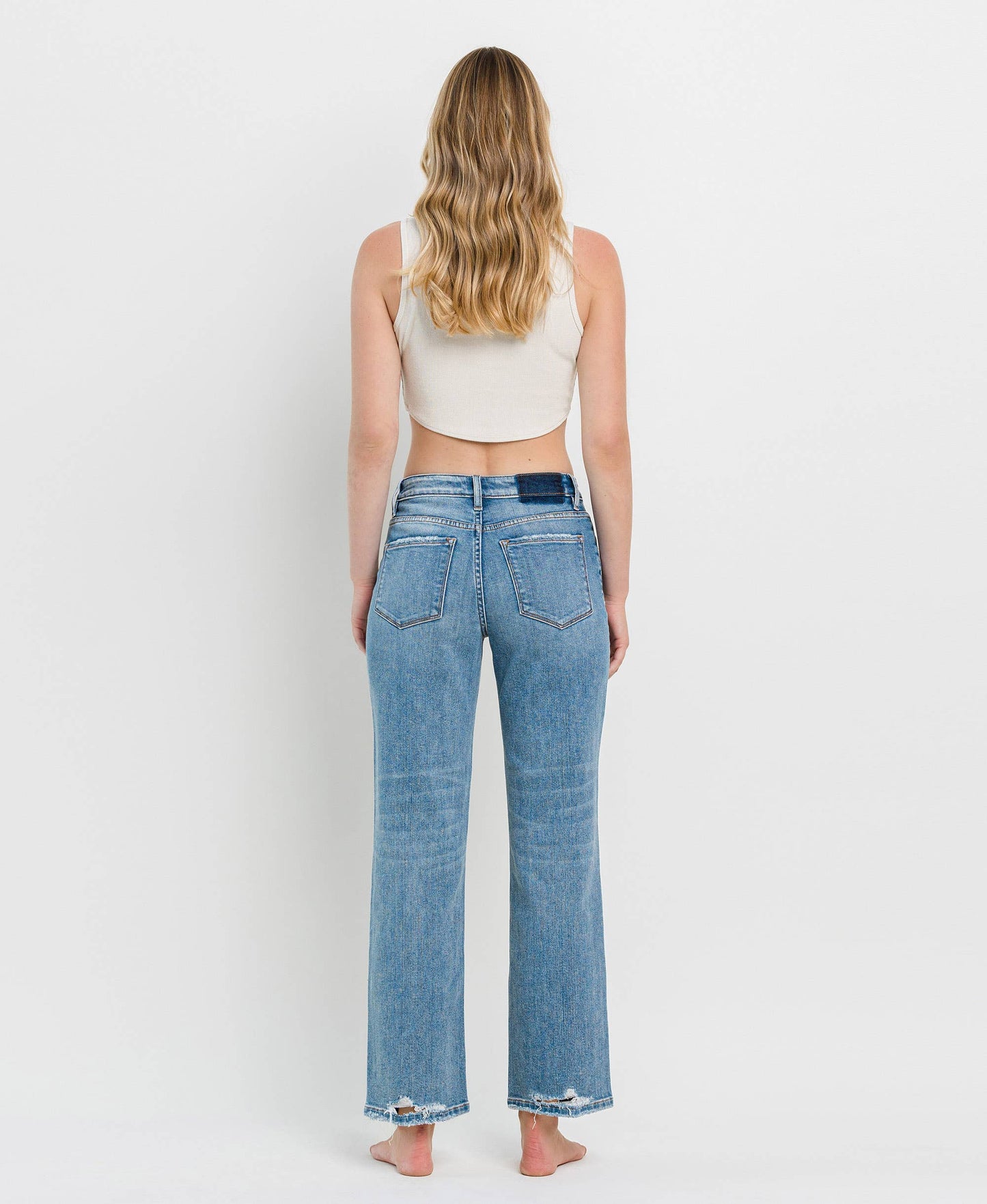 HIGH RISE DISTRESSED SLIM WIDE JEANS