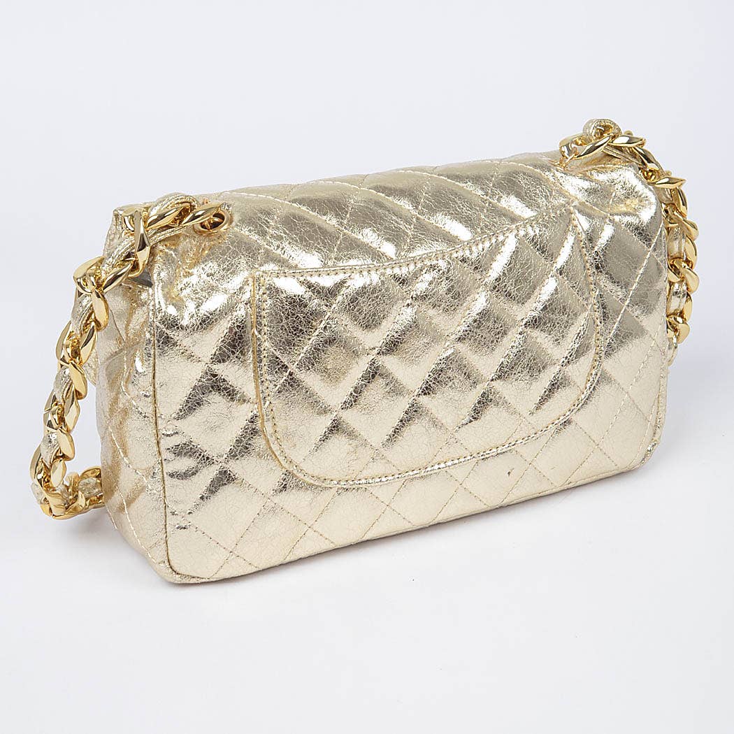 Quilted Metallic Shoulder Bag W/Oversized Chain