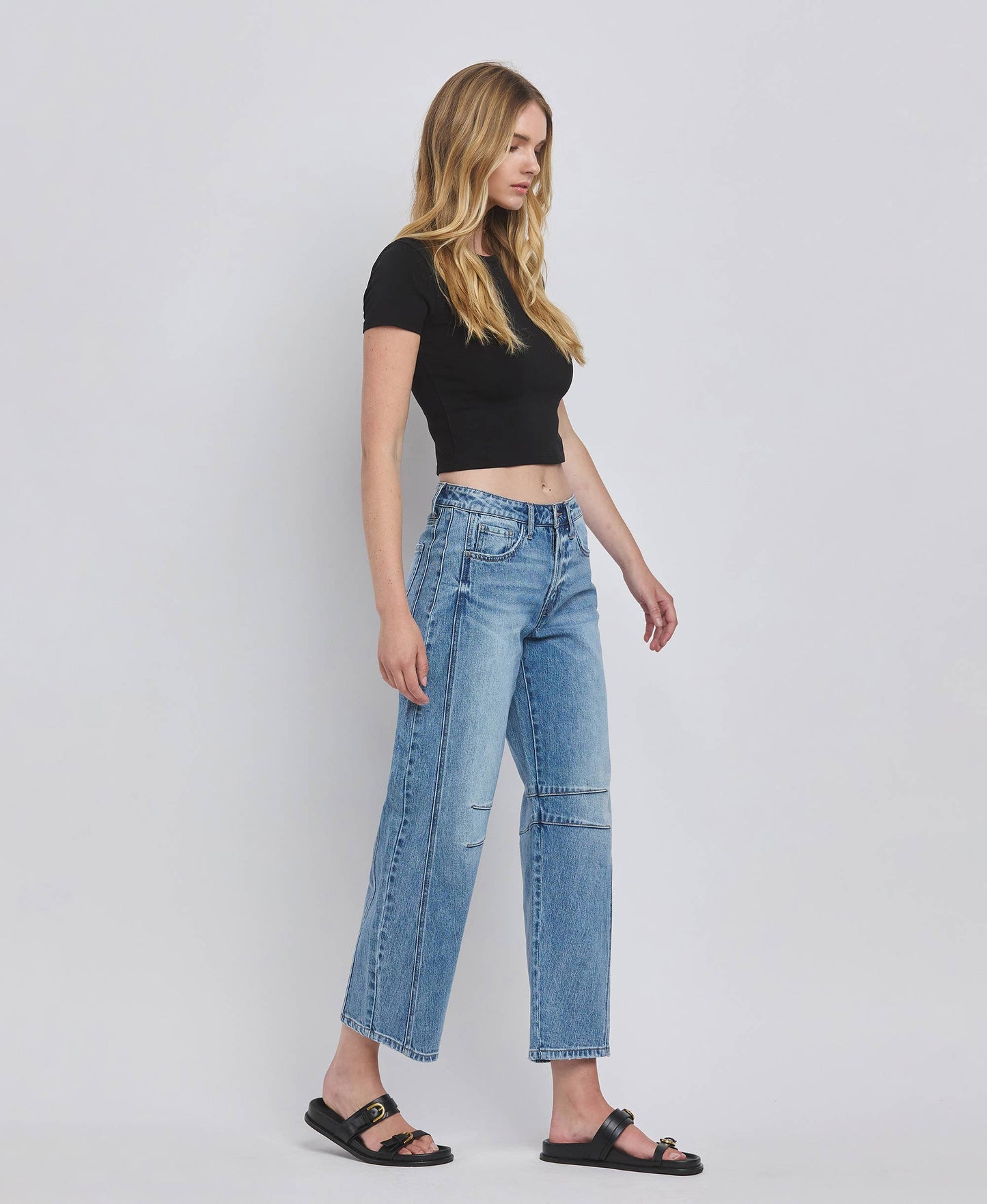 HIGH RISE DART STRUCTURED FIT BARREL LEG JEANS T6514