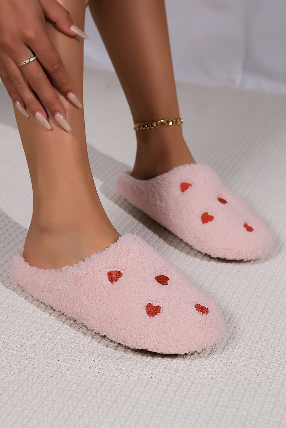 Heart Embroidered Plush Slippers