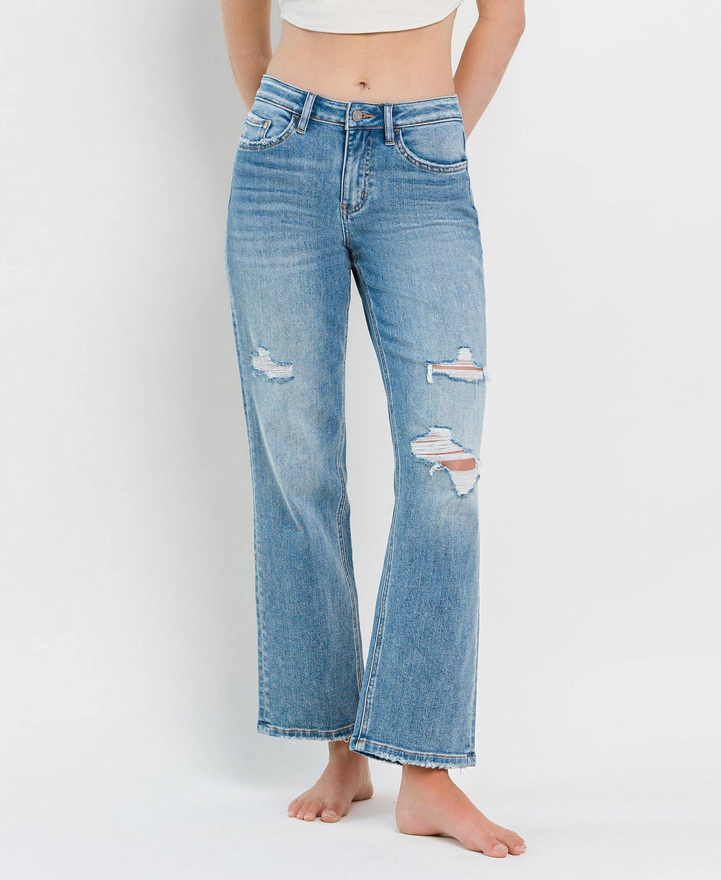 HIGH RISE DISTRESSED SLIM WIDE JEANS