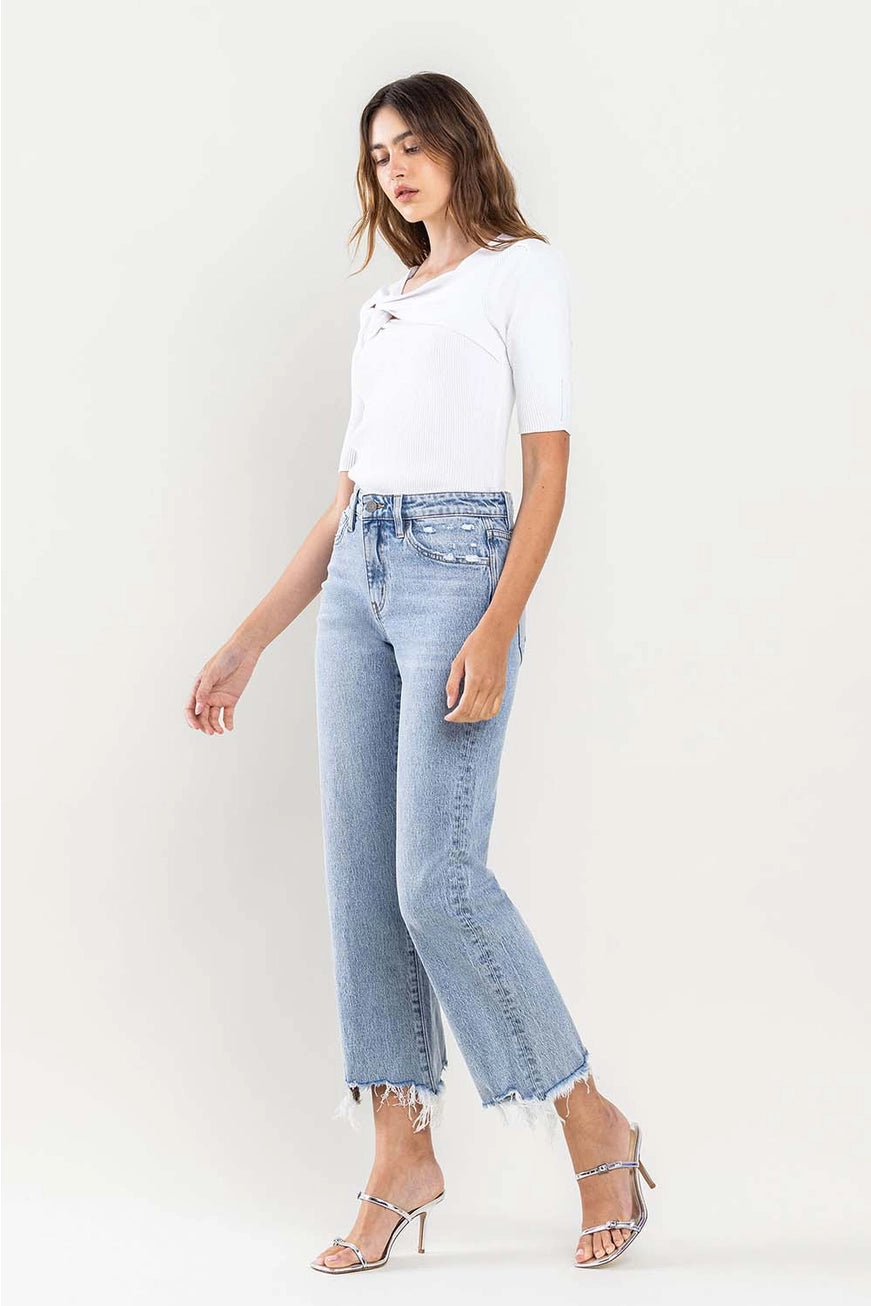 HIGH RISE CROPPED DISTRESSED HEM DAD JEANS