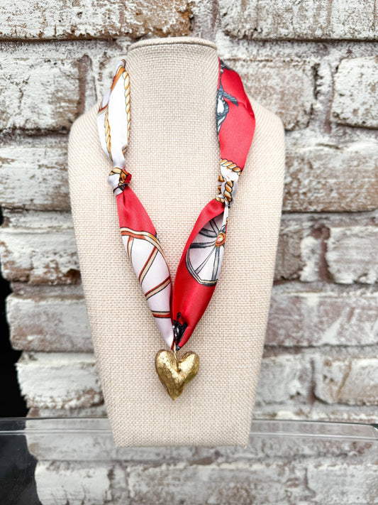 Satin Scarf With Small Heart Necklace ( Gold Leafed Heart )