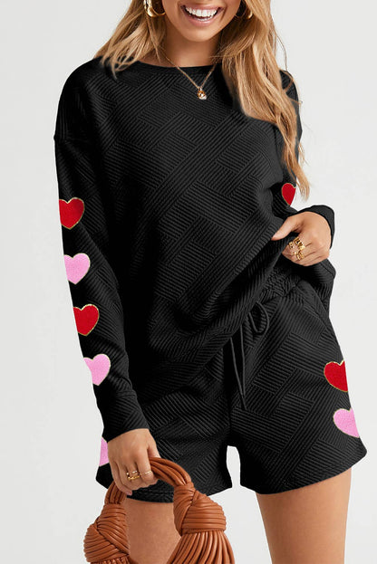 Heart Patch Top and Textured Shorts Set