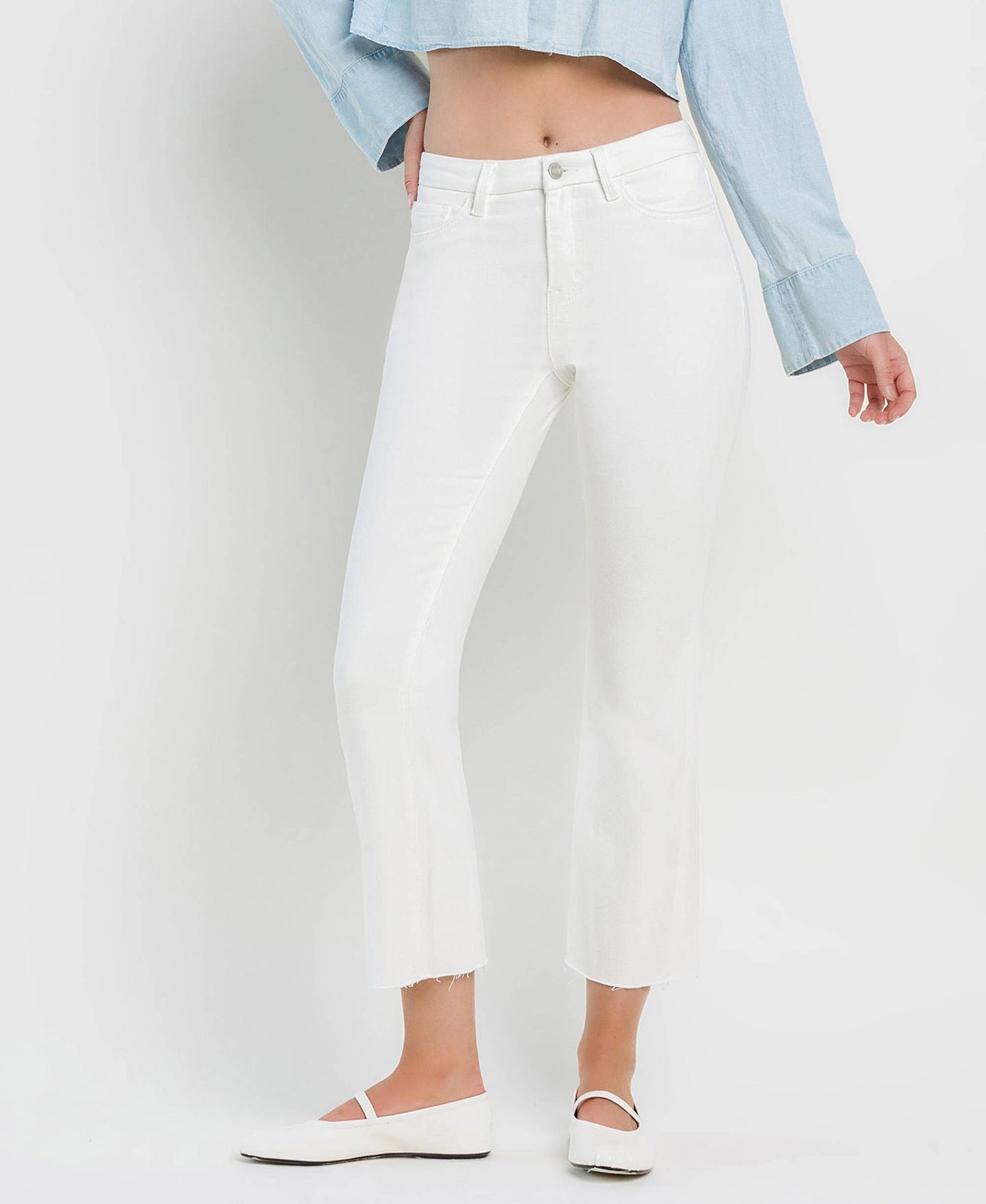 HIGH RISE SEAMLESS WAISTBAND CROP FLARE JEANS