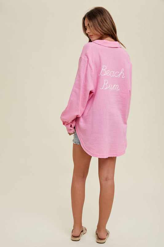 BEACH BUM EMBROIDERED GAUZE SHIRT WITH RAW EDGE