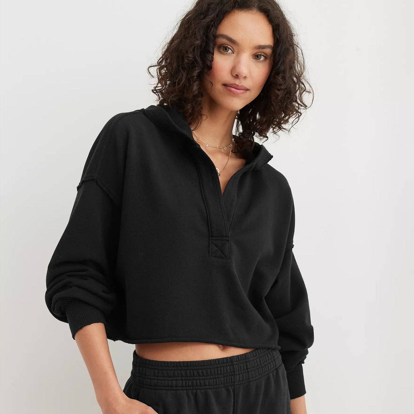 V-Neck Hooded Pullover Sweater Loose Fit Long Sleeve Top